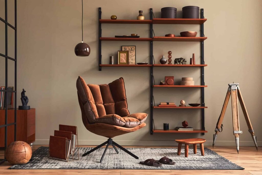 Modern interior with wall-mounted wooden shelves, a brown lounge chair, pendant light, tripod lamp, and decor accents in a warm minimalist room.